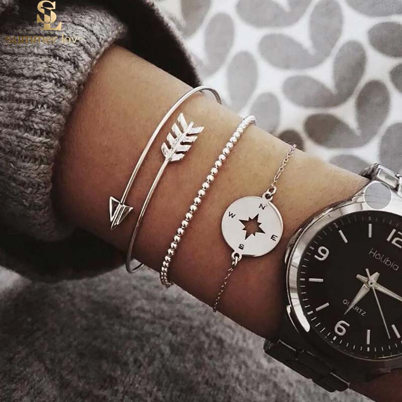 

Newest Bohemian Style Arrow Bangle Carved Compass Metallic Beads Chain Silver Charm Bracelet for Women Fashion Jewelry Set