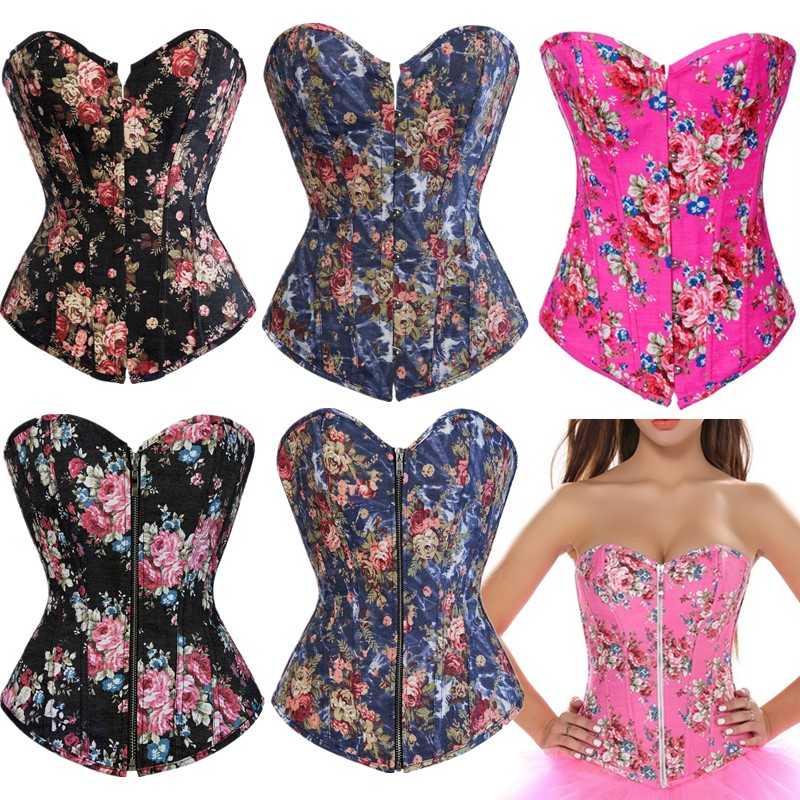 

Brocade Denim Floral Padded Corset Women Sexy Cowboy Lace-up Mix Styles S-XXL Multicolor Fashion Zipper Overbust Bustier, Blue zipper