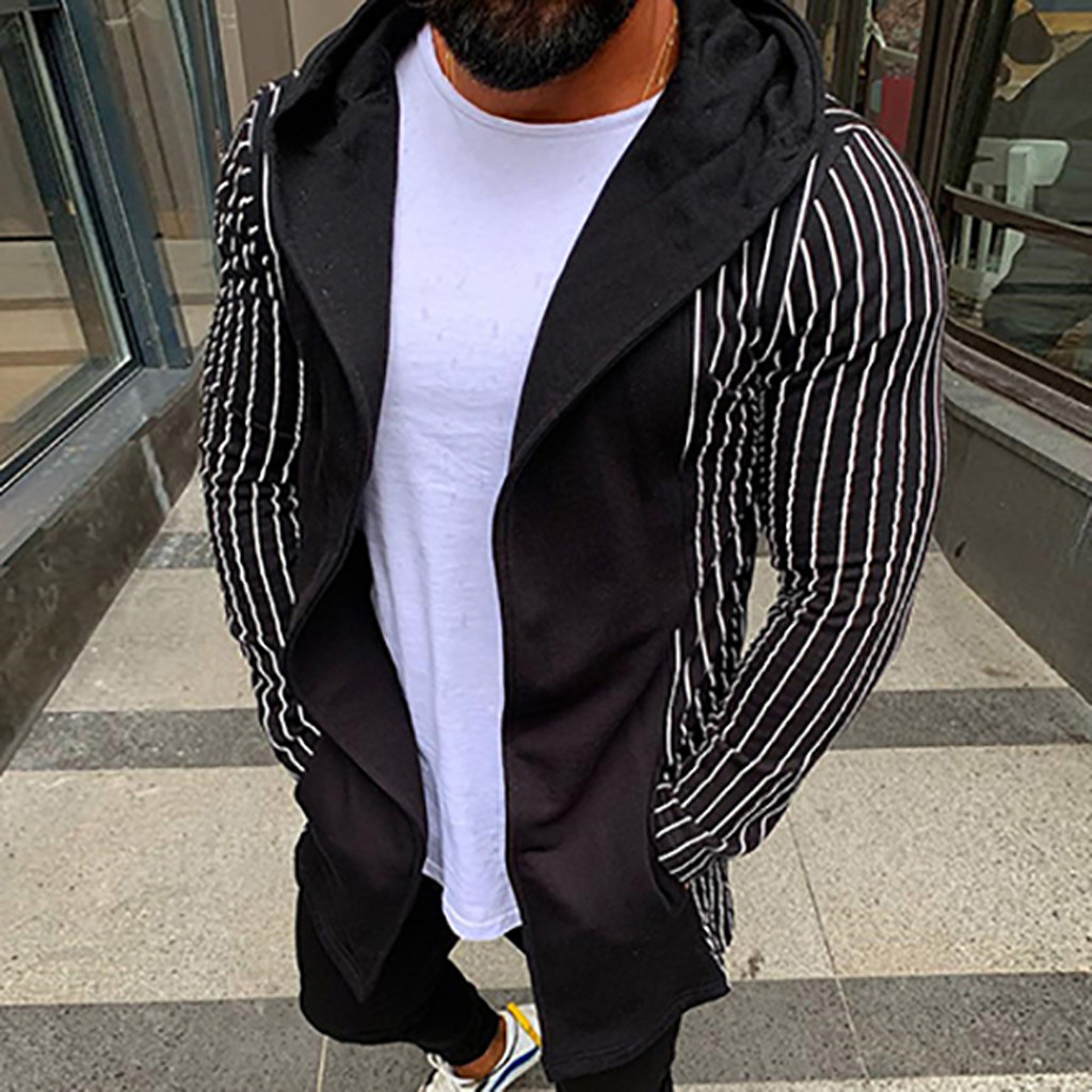 

Tide Mens Simple Stripe Cardigan Coat Slim Jacket Long Sleeve Csual Mens Overcoat Thick Clothes Spring Autumn Jacket For Men, Black