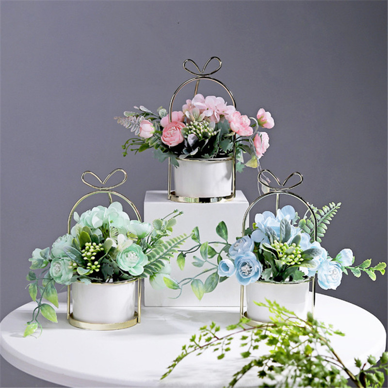 

Nordic Artificial Flower Small Potted Ornaments Fake Flower Pot Set Vase Simulation Plants Bonsai Home Desktop Decor Furnishings, Blue
