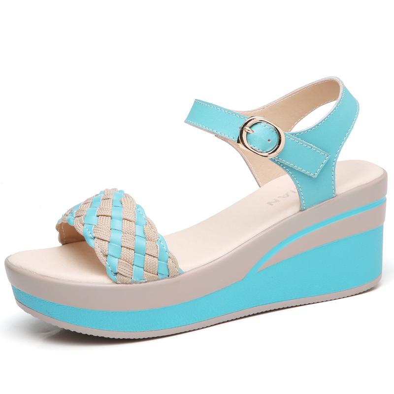 

New Summer Sandals Women Flat Shoes Woman Wedges Platform Sandalias Buckle Sandals High Heels Weave Strap Sandals, Blue