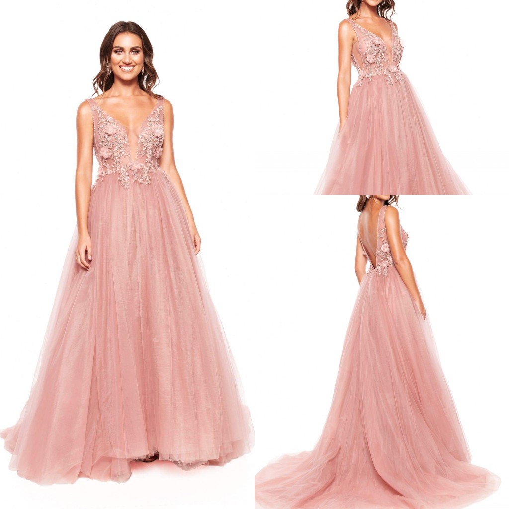 

2020 Pink Evening Dresses V Neck Lace Appliqued Beaded Sleeveless Prom Gown Backless Sweep Train Custom Made Lumbar Formal Party Gown, Grape