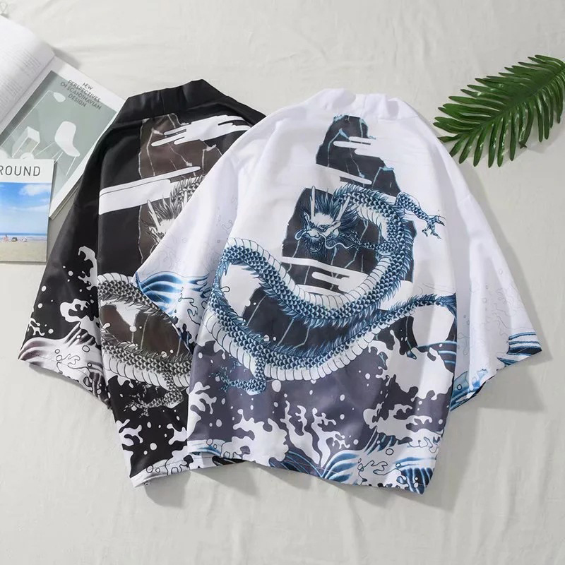 

Kimono Cardigan Japanese Beach Shirt Men Women Traditional Dragon Printed Summer Beachwear Three Quarter Sleeve Open Stitch Tops, Black