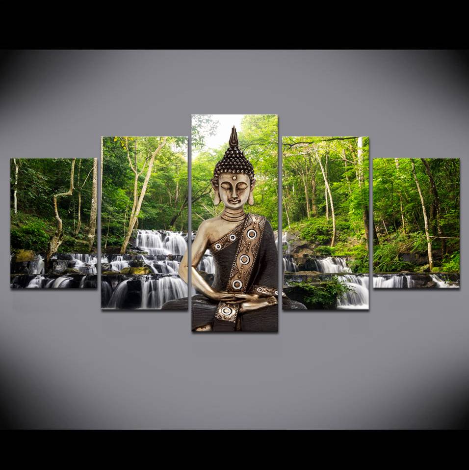 

Buddha Art Prints Waterfull Poster Canvas Art 5 Pieces Modular Pictures Green Nature Wall Painting Bedroom Home Decor No Frame