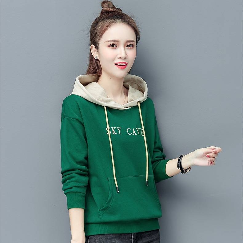 

Women's new spring and autumn hooded red pullover sweatshirt women loose embroidered letters with cap hit color shirt women, Mkk-1s