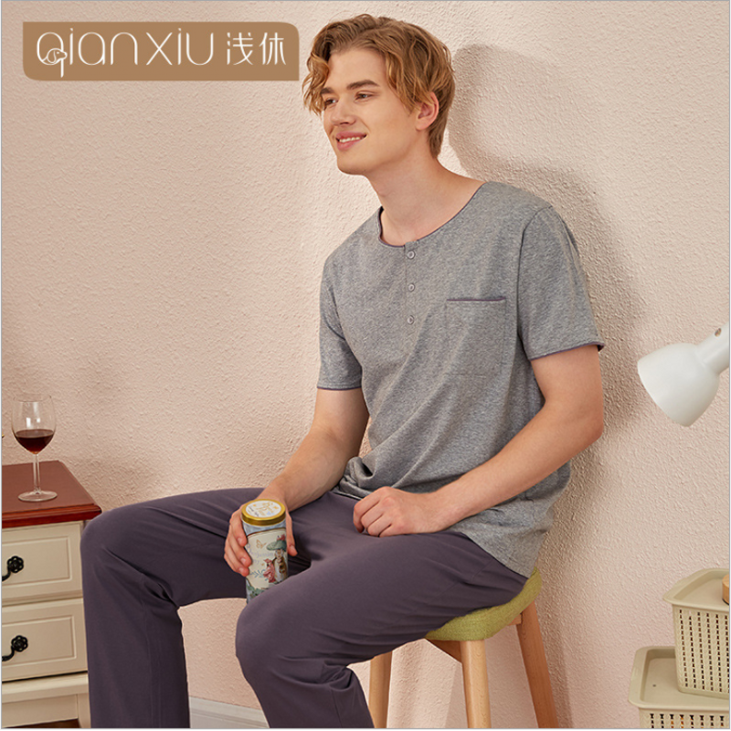

2020 Spring Summer Homewear Men Casual Pajama sets Male Cotton Sleepwear suit Men Short sleeve O-neck Collar t shirt & Pants, Blue