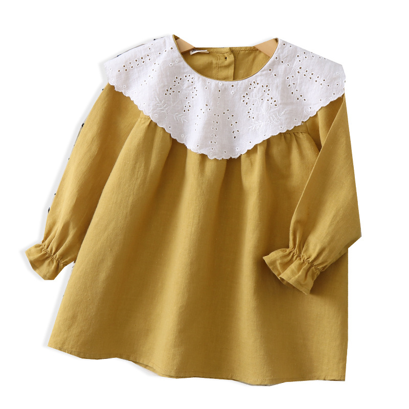 

Hollow Flower Embroidered Girls' Shirts 2020 Spring Children's Shirts, Yellow