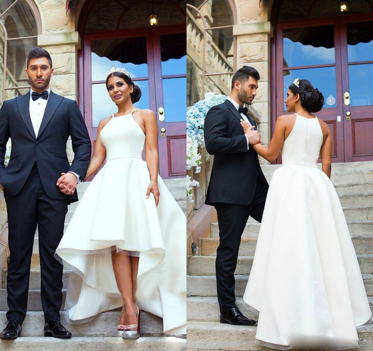 

2020 A Line Wedding Gowns Halter Sleeveless Zipper Plus Size Wedding Dresses Sweep Train Front short rear length Satin Bridal Gowns, Same as image