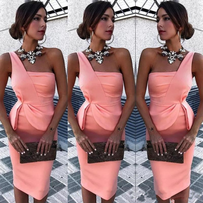 

One Shoulder Cheap Short Cocktail Party Dresses 2020 Sheath Plus Size Peplum Knee Length Simple Formal Homecoming Prom Gown for Girl BC2743, Gold