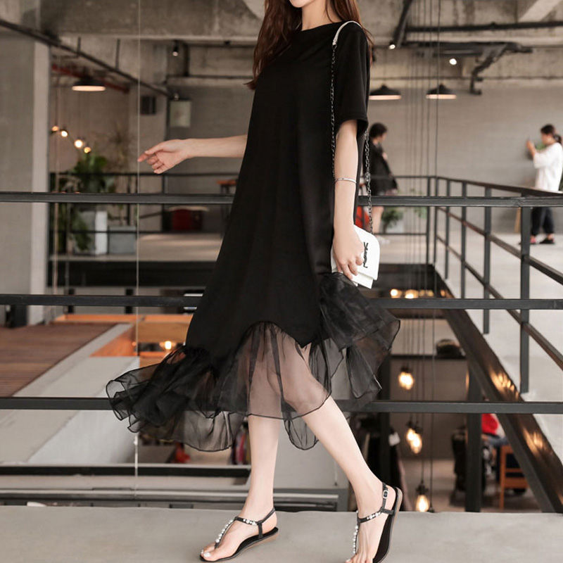 

Large Size Women's Clothing 2020 Summer Loose Korean Stitching Organza Dress Casual Short Sleeve O-neck Shirt Dress Vestido R112, Black