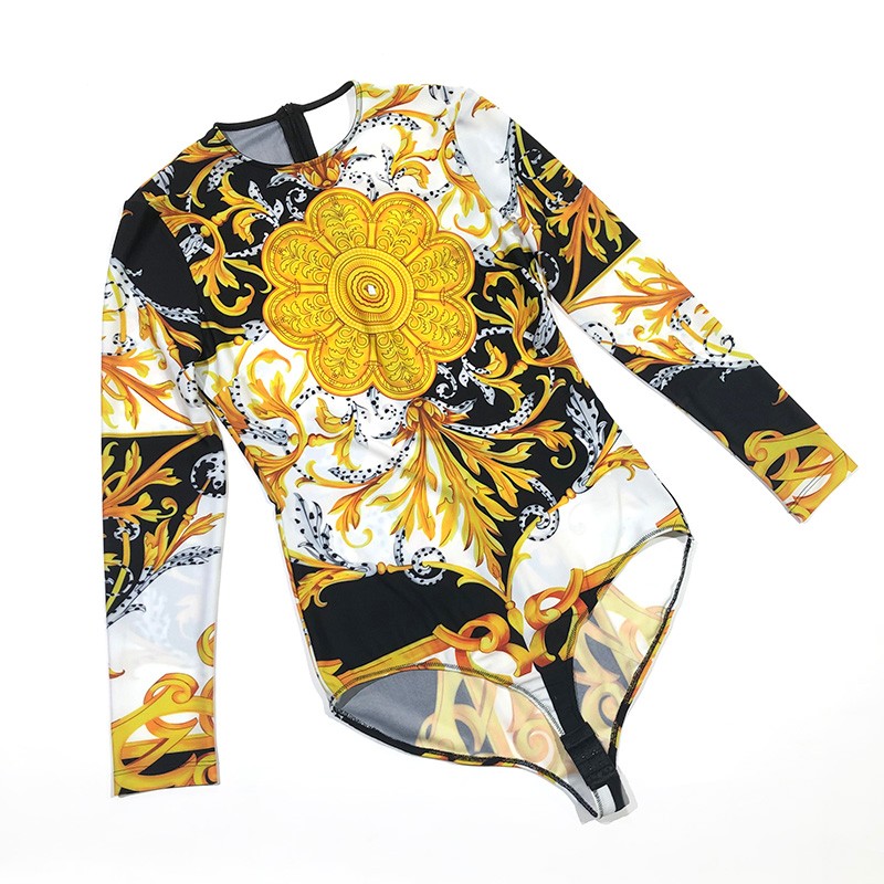 Gold Print Bodysuits Women 2020 Spring Summer Ladies High Quality Baroque Style Long Sleeve One Piece Elastic Overalls