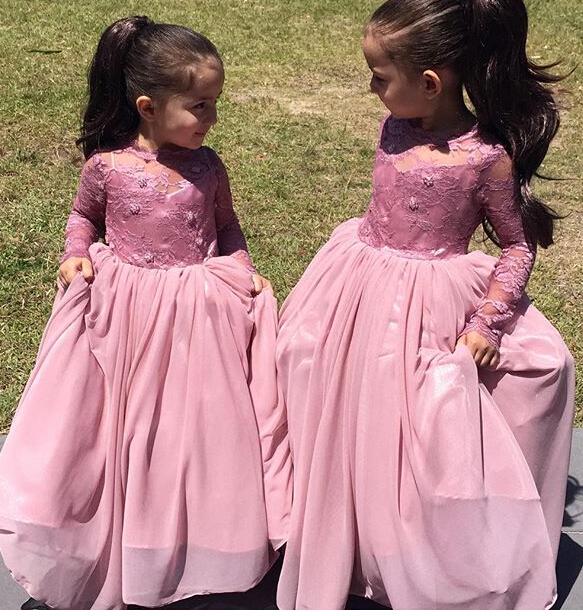 

2020 Sweety Flowers Lace High Neck Flower Girls Dresses For Country Wedding Illusion Long Sleeve Princess Rhinestones Girls Pageant Dress, Black