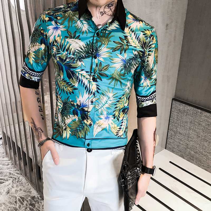

2020 Summer Short Sleeve Shirt Men Printing Casual Slim Fit Hawaiian Shirt Streetwear Night Club Party Clothing Camisa Masculina, Beige