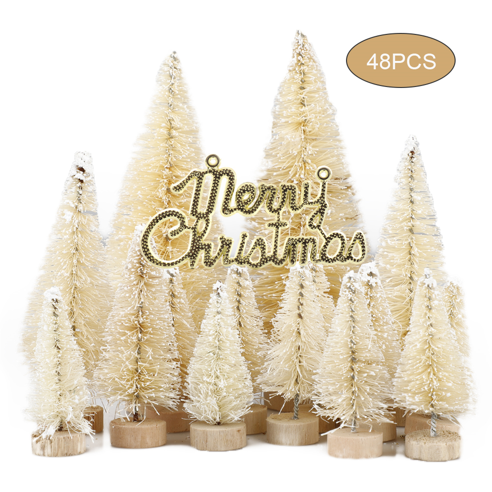 

49 Pcs Winter Snow Ornaments Tabletop Trees Decoration Multicolor Mini Pine Trees Frosted Sisal with Wood Base Plastic