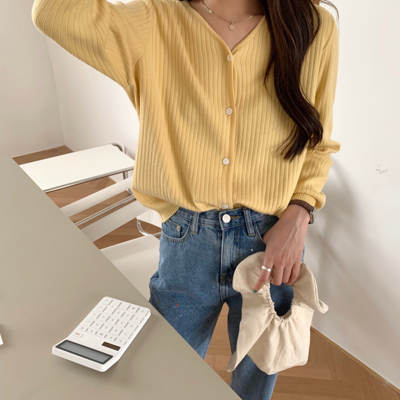 

Women 2020 Autumn spring Button Front Crop Knitted Top V-neck Ribbed Knit Cardigans Crop Knitted Soft Sweater For Women, Yellow