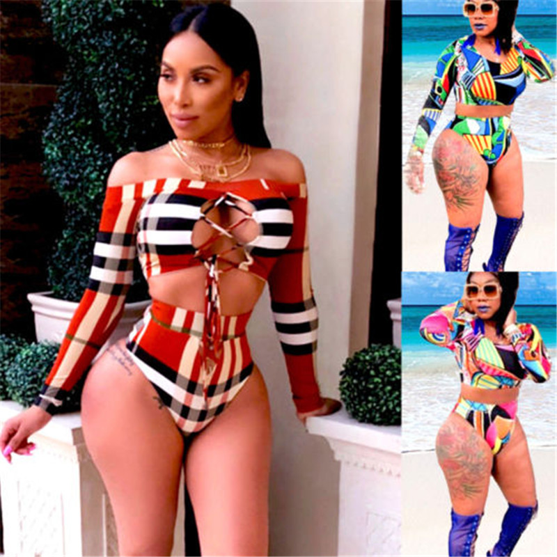 

New Print Floral Two Piece Swimsuit Women Long Sleeve Swimwear Bathing Suit Retro Swimsuit Bohemia Surfing Suits For Women, Beige