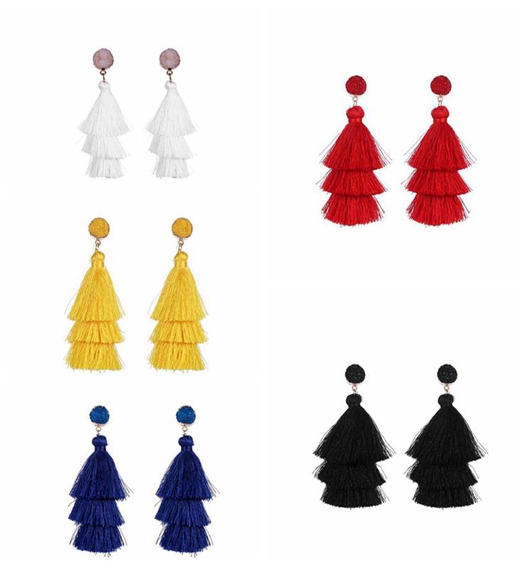 Colorful Layered Tassel Earrings Bohemian Dangle Drop Earrings for Women Girls Tiered Tassel Druzy Stud Earrings Women Gifts