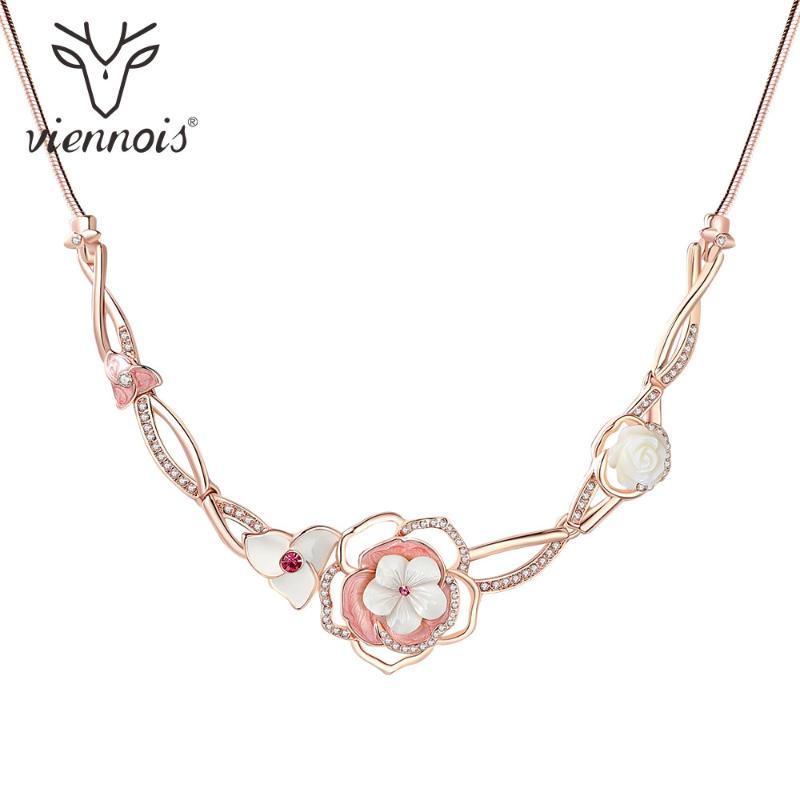 

Viennois White Flower Rose Gold Color Enamel Chain Necklace For Women Party Jewelry 2020