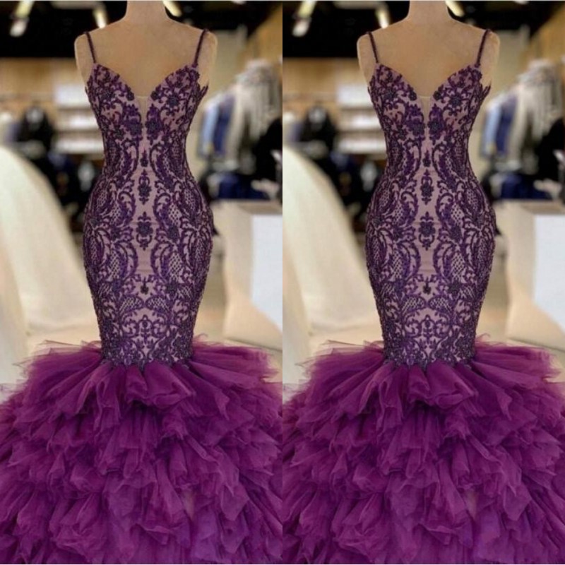 

Purple Mermaid Prom Dresses With Spaghetti Straps Tiered Skirt Tulle And Lace Celebrity Evening Dress Floor Length Sexy 2K19 Party Gowns, Silver
