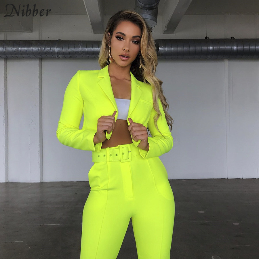 

Nibber neon color thin coat cardigan pantalon femme 2two pieces suits womens 2019 autumn winter office ladies street casual sets, Yellow girdle