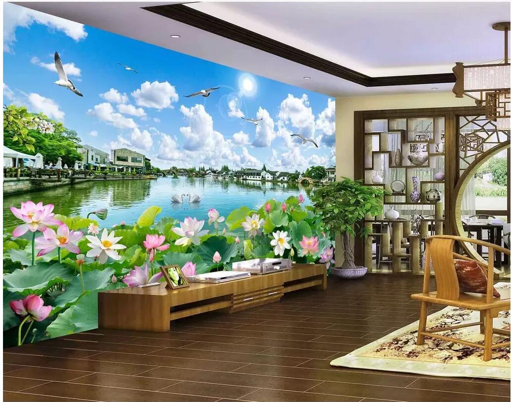 

3d room wallpaer custom photo Beautiful landscape painting lotus flower in Chinese water town decor 3d wall murals wallpaper for walls 3d, Non-woven