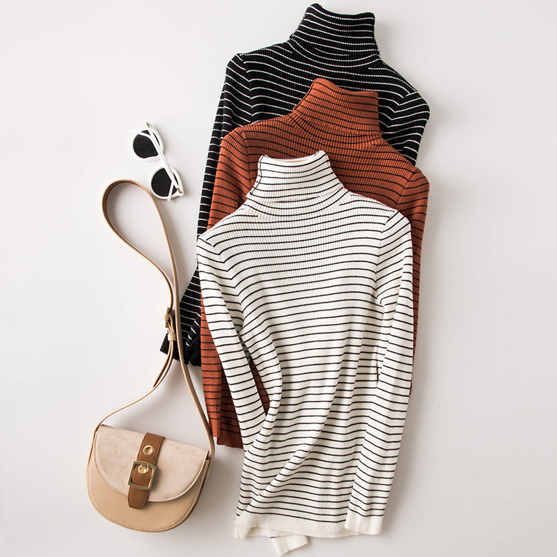 

Sherhure 2020 White Knitted Striped Long Sleeve Turtleneck Women Slim Sweater And Pullovers Pull Femme Tricot, Black