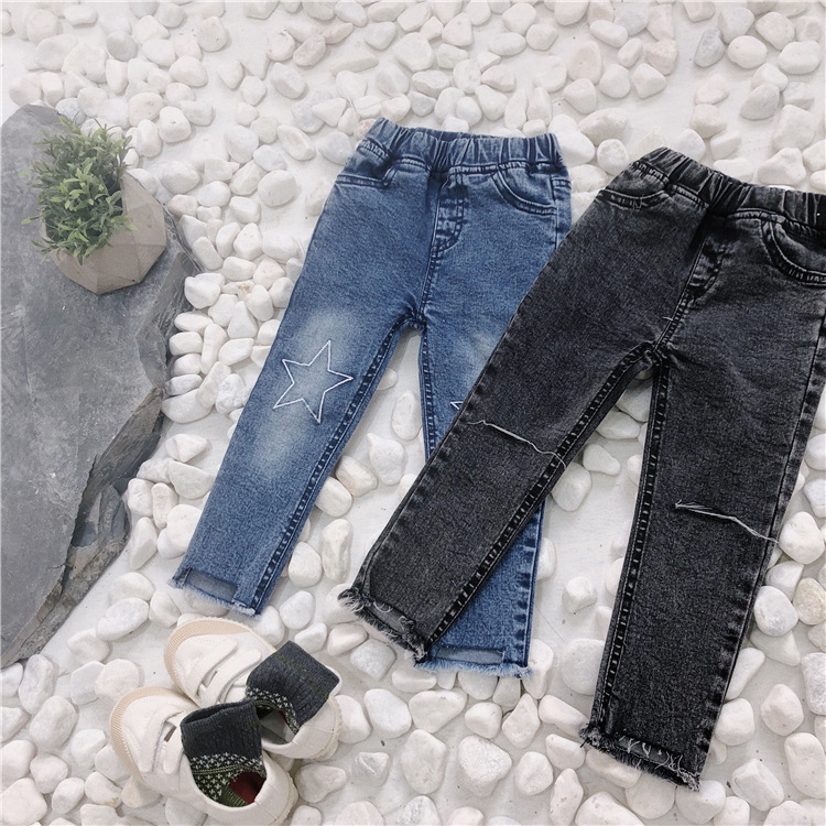 

Korean style baby girls Spring high elastic holes fashion denim pants kids Five-pointed star embroidery all-match jeans bottoms, Blue