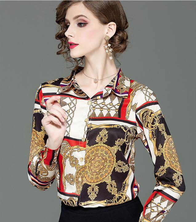 

scarf printed long sleeve women blouses spring summer shirts lapel neck fashion ladies shirts, Multi