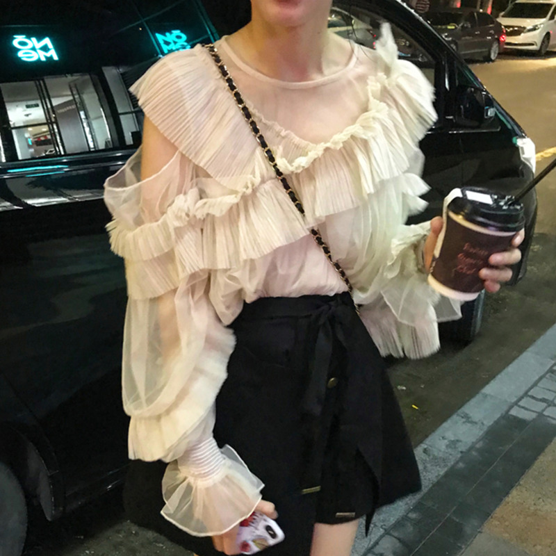 

EWQ] 2020 Spring Summer New Sweet Mesh Off Shoulder Chiffon Shirt Women Blouse Korea Plus Size Ladies Shirt Casual Blusas QX782, Beige