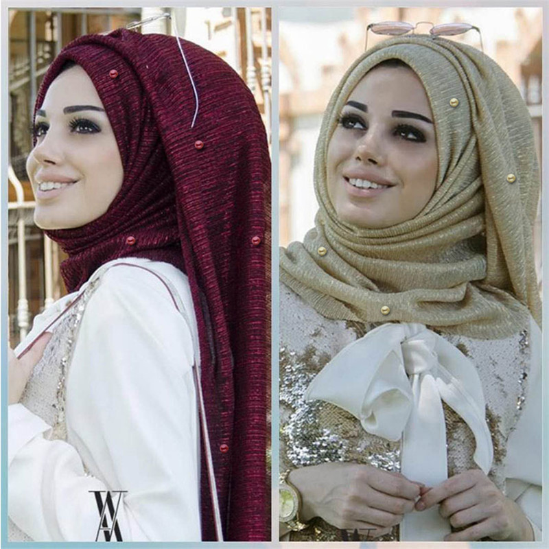

75*180cm Stretchy gold yarn islamic scarfs muslim beading hijab scarf with pearls foulard femme musulman arab headscarf