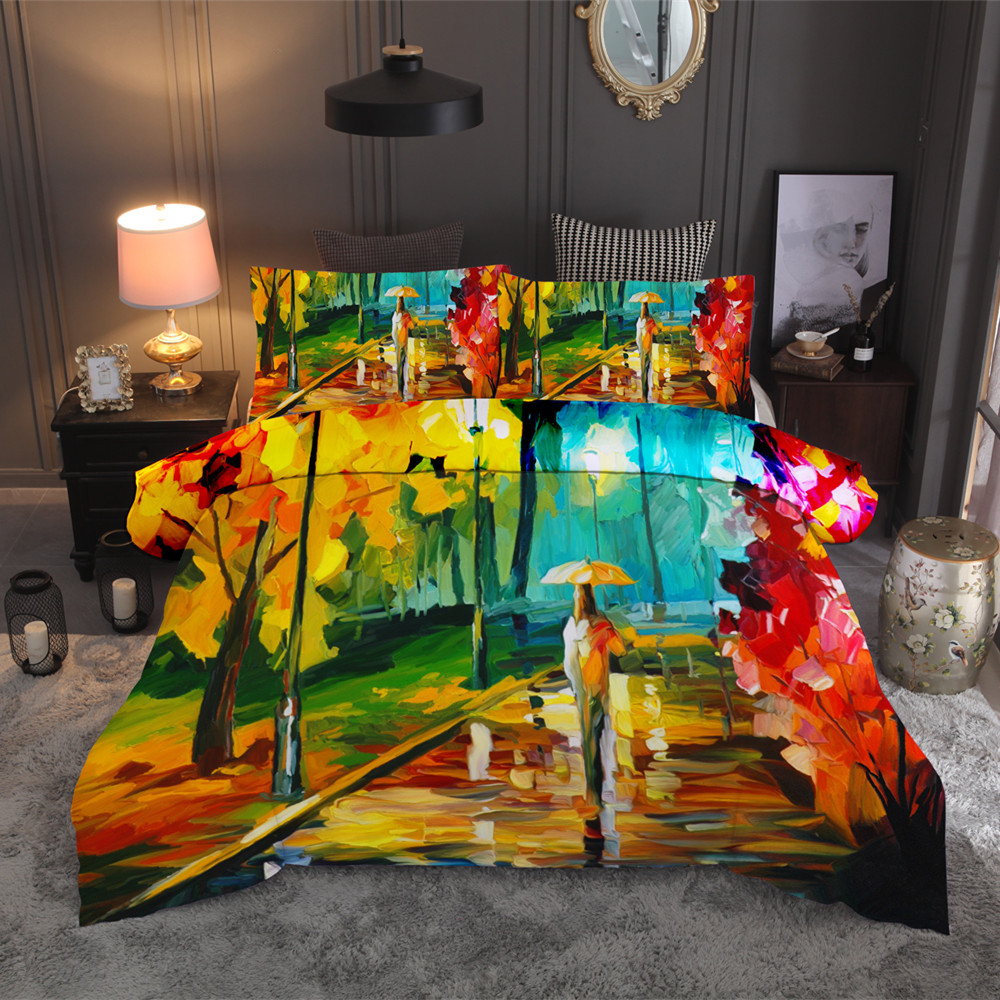 

Nordic Fashion Bed Linens Set Digital Printing Oil Painting Duvet Cover Set Soft Skin-friendly US Full Bedding for Adults, No.1