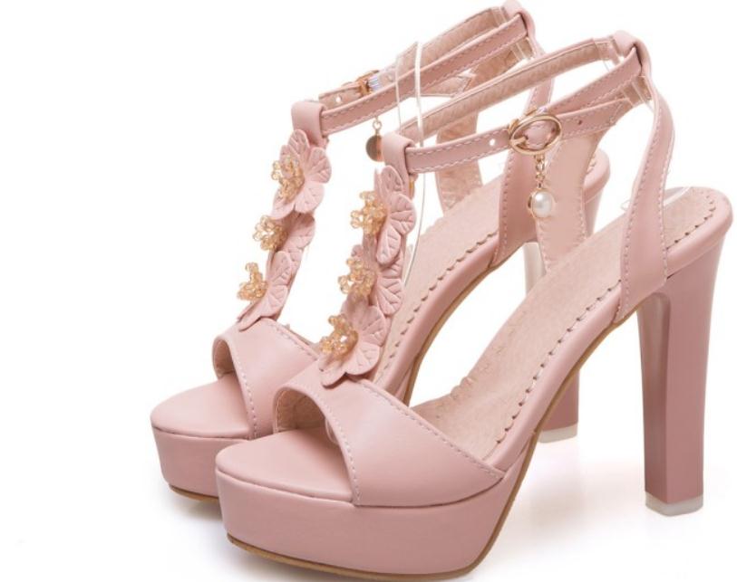 

2019 Women's sandals in Summer with New style High heel Coarse heel waterproof table @W133, Pink