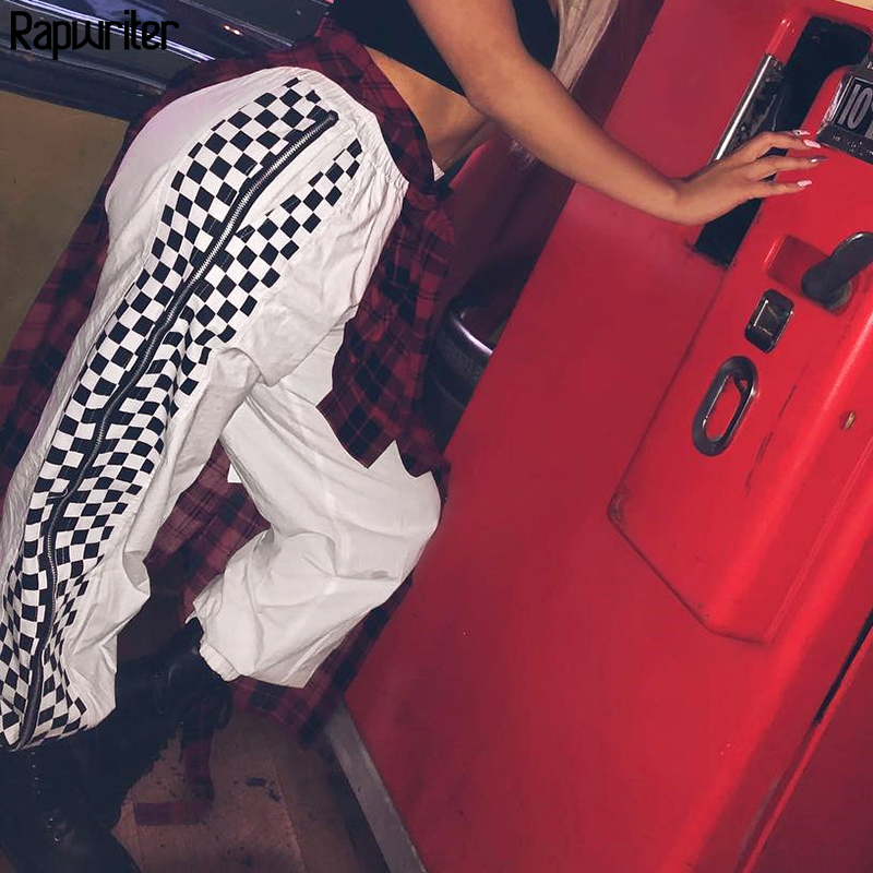 

Rapwriter Streetwear Checkerboard Side Zipper Pants For Women 2020 High Waist Pants harajuku Loose Sweatpants Joggers Women, White pants