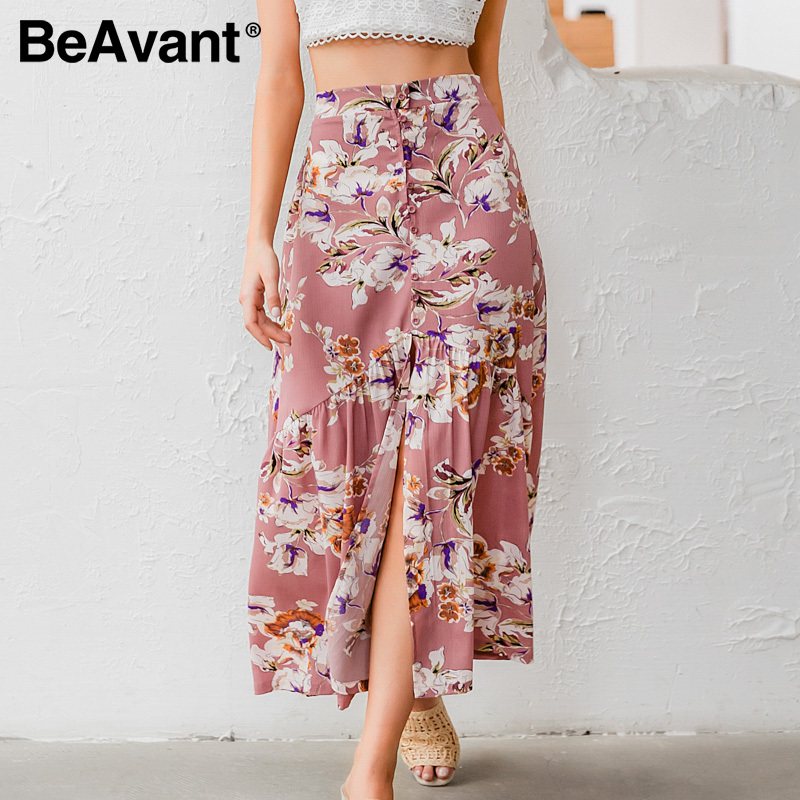 

BeAvant Floral Print Retro Skirts Women High Waist Summer Holiday Split Sexy Skirts Female Ruffles Boho Bottoms 2020, Blue