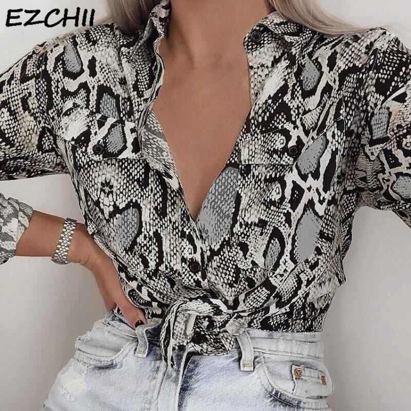 

Spring New Women Snake Print Blouse Long Sleeves Turn-down Collar Snakeskin Shirts High Street Women Elegant Fashion Tops, As picture