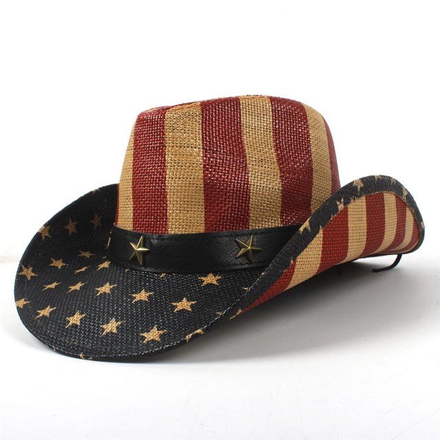 

Summer Unisex Handmade American Flag Cowboy Straw Sun Hat With Leather Band USA Wild Brim Caps For Men And Women, Beige