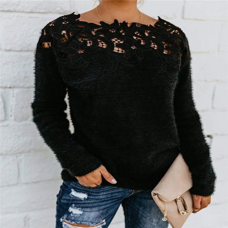 

Brand New Women Ladies Sexy Lace Long Sleeve Knitted Sweater Jumper Pullover Autumn Winter Tees Casual Tops Office Wear, Black