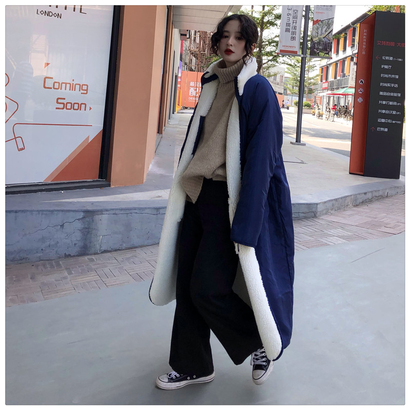 

Korean Women Long Parkas Lamb Fur on Both Sides of The Double Wear Stitching Cotton Jacket Coats Women, Khaki