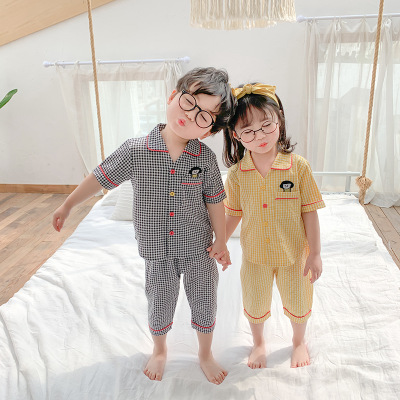 

Children's baby plaid cartoon pajamas suit summer children boys and girls siblings comfortable home service two-piece suit, Black