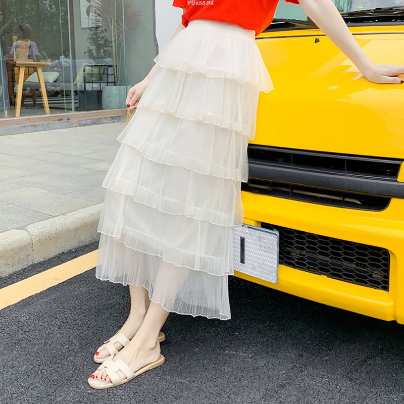 

New Women Skirts Sweet Cake Layered Long Mesh Skirts Princess High Waist Ruffled Vintage Tiered Tulle Pleated ins Lace H8, Black