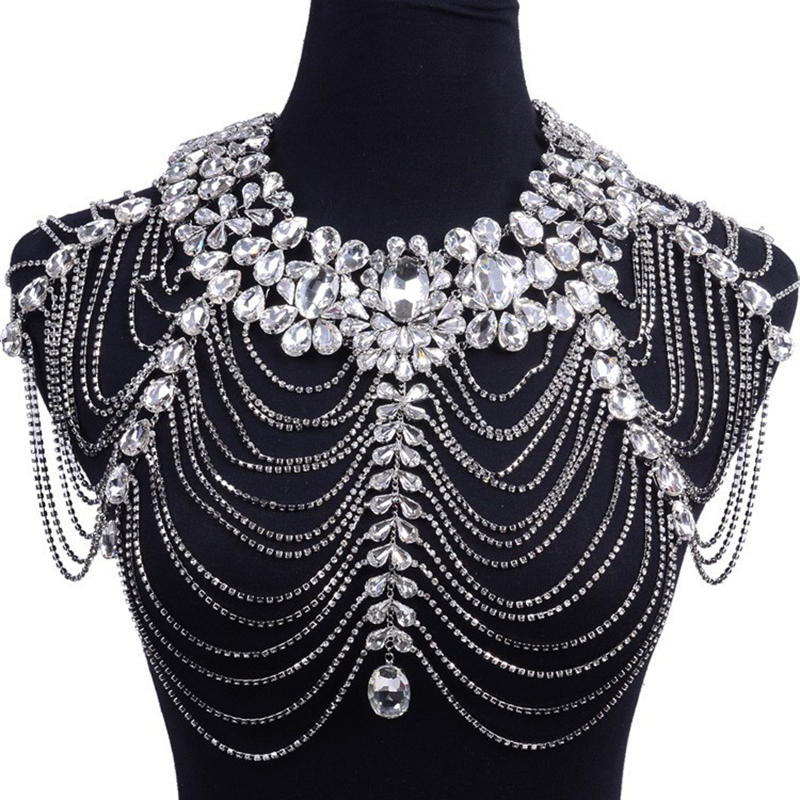 

Himstory Luxury Long Rhinestone Necklace Chain Bridal Shoulder Necklace Chain Collar Crystal Chain Wedding Party Necklace, White;golden