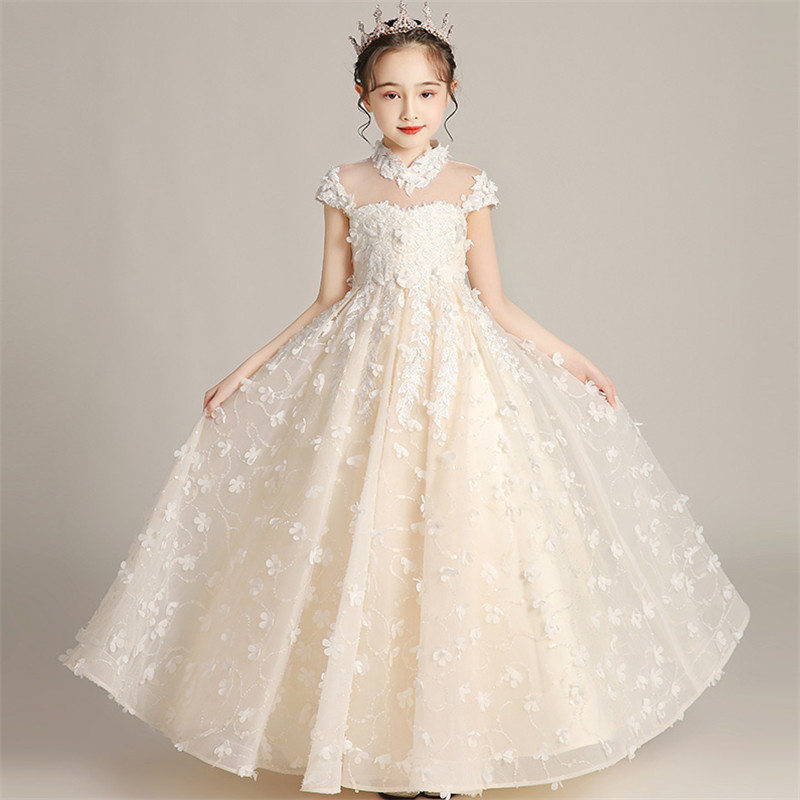 

Children Girls High-Grade New Style Embroidery Lace Flowers Champagne Color Birthday Evening Party Princess Fluffy Long Dress