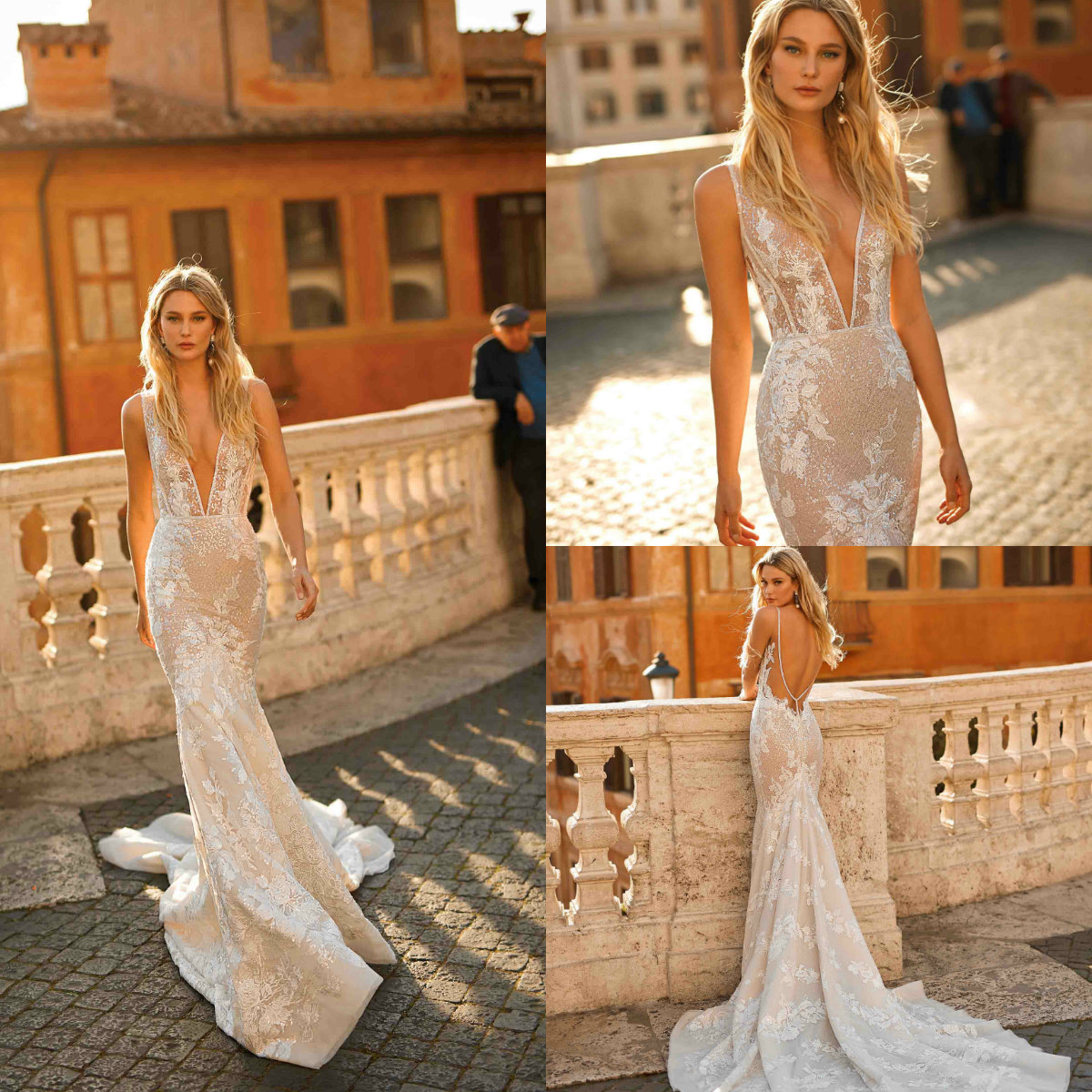 

2020 Sexy Berta Wedding Dresses Illusion V Neck Lace Appliqued Beads Backless Bridal Vestidos De Novia Sweep Train Mermaid Wedding Dress, Black