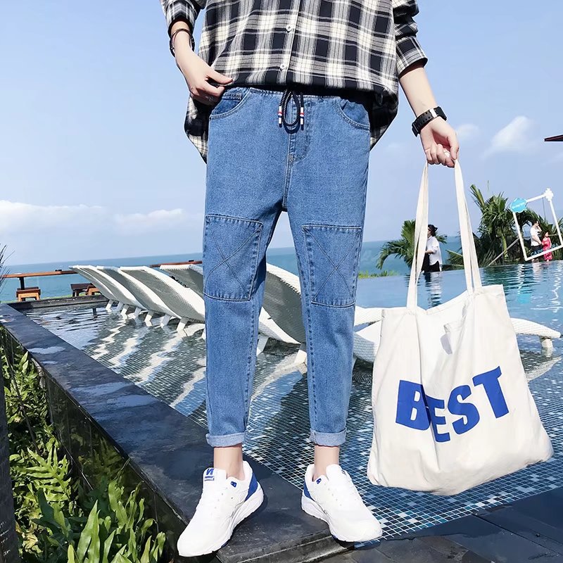 

Hong Kong style 2020 denim pants men' cropped jeans teenagers loose Korean trendy elastic waist men' pants feet harem, Blue
