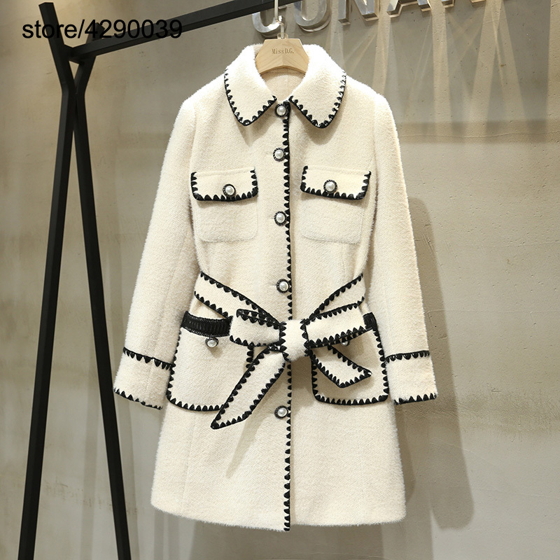 

Women Winter Wool Coat Warm Middle and Long Turn Down Collar Big Pocket with Belt Cashmere Coat Women, Beige