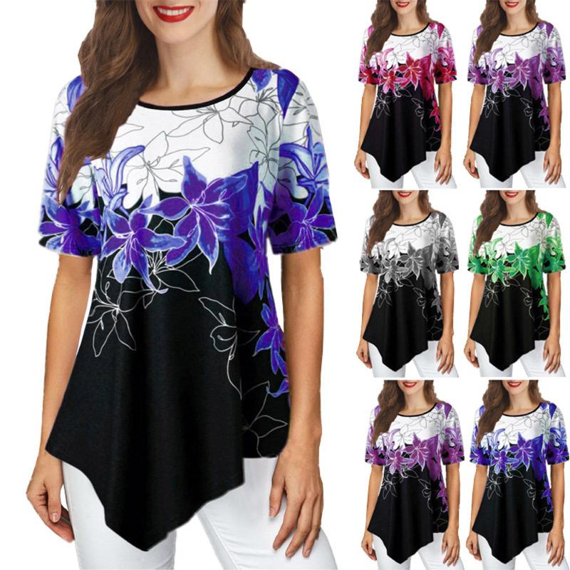 

2020 Women' Loose Irregular Print Short-Sleeve Shirt Green Light Green Gray Purple Leaf Print T-shirt Women, Blue