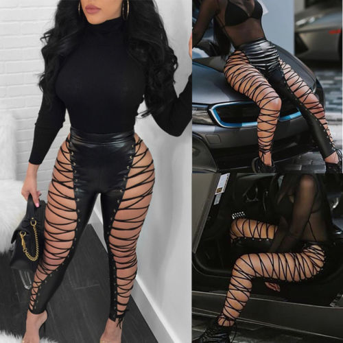 

2018 New Sexy Womens Black Leather Lace Up Skinny Pencil Pants Summer Clubwear High Waist Hollow Bandage Stretch Slim Trousers, As pic