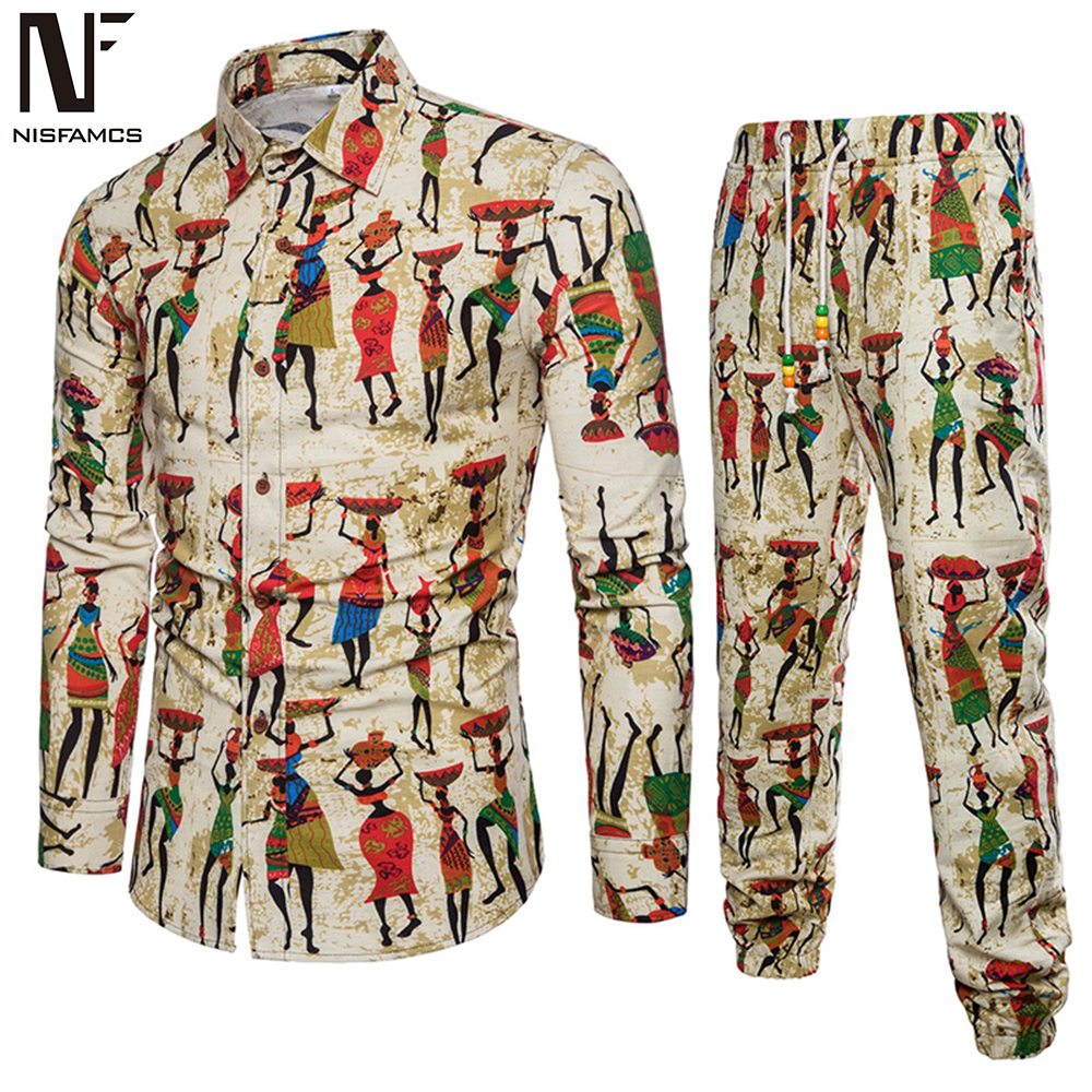 

Ethnic Festival Wear Men Tracksuit Business Man Casual Travel Set Long Shirt Long Pants Male Turn-down Collar Shirt Novelty 2020, Set c
