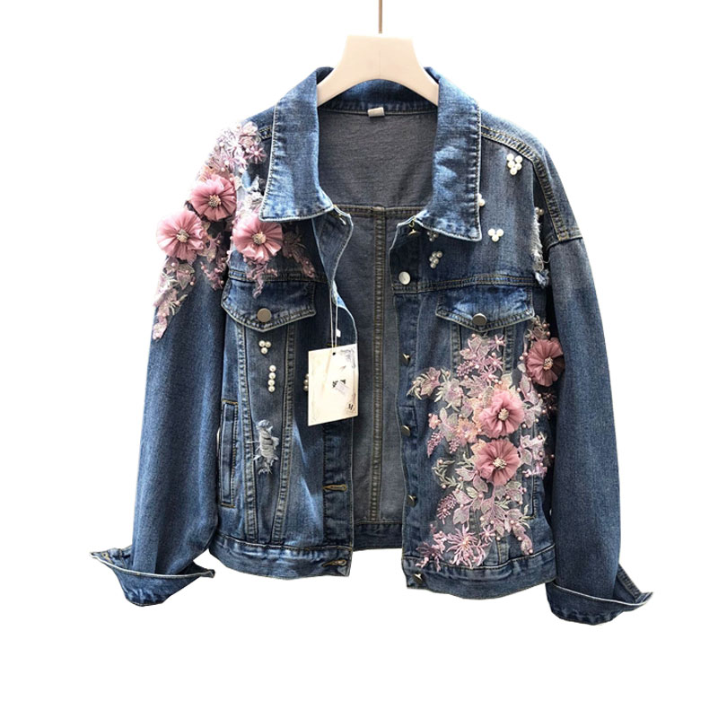 

2019 Autumn Flower Beading Women Jackets Coat Fashion Pearl Women Denim Jacket Tops For Blue Coat Chaqueta Mujer