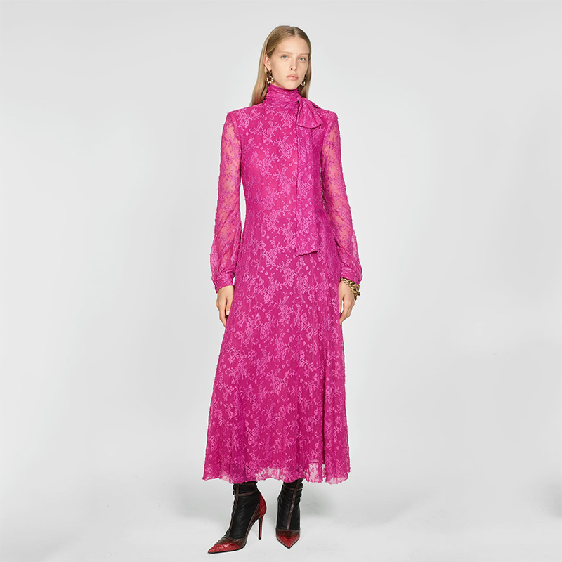 

2019 New Lace Dress Bow Tie Full Sleeve Retro Dress Romantic Elegant Soft Lace Decoration Autumn and Winter for Women
